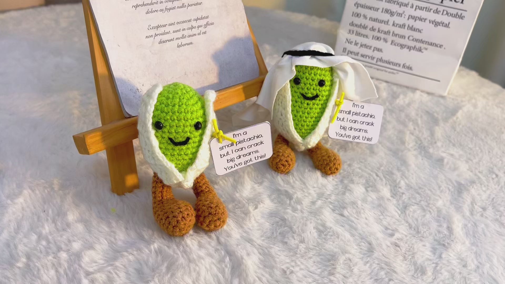 Handmade Crochet Pistachio Prince Plushie –Knitted Nut Doll Inspirational Message Card, Customizable Birthday Gift, Christmas, Graduation, Baby Shower