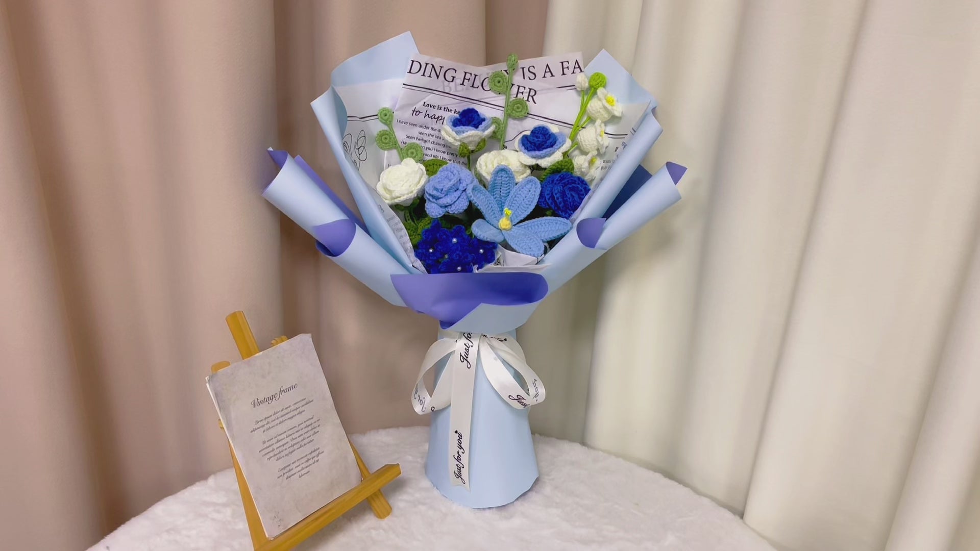 Handmade Crocheted Blue Flower Bouquet with Roses, Lilies, Eucalyptus, Tulips, and Forget-Me-Nots
