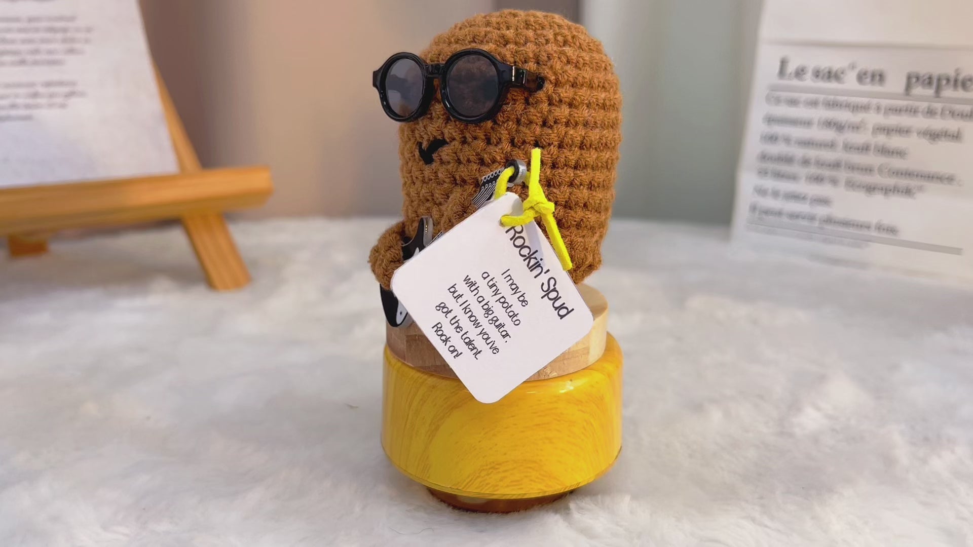Handmade Crochet Rockin' Spud Plushie - Potato Decor with Positive Customizable Card, Sunglasses &  Guitar Hero, Perfect Gift for Rock & Roll Music Lovers & Home Decor