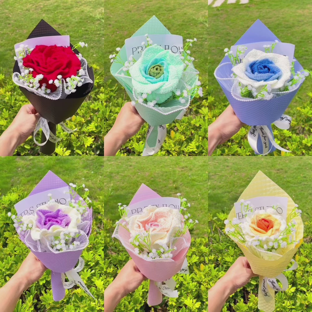 June Birth Month Rose Bouquet - Handcrafted Hooked Single Stem Birthday Flower with Baby's Breath, National Flower Celebration