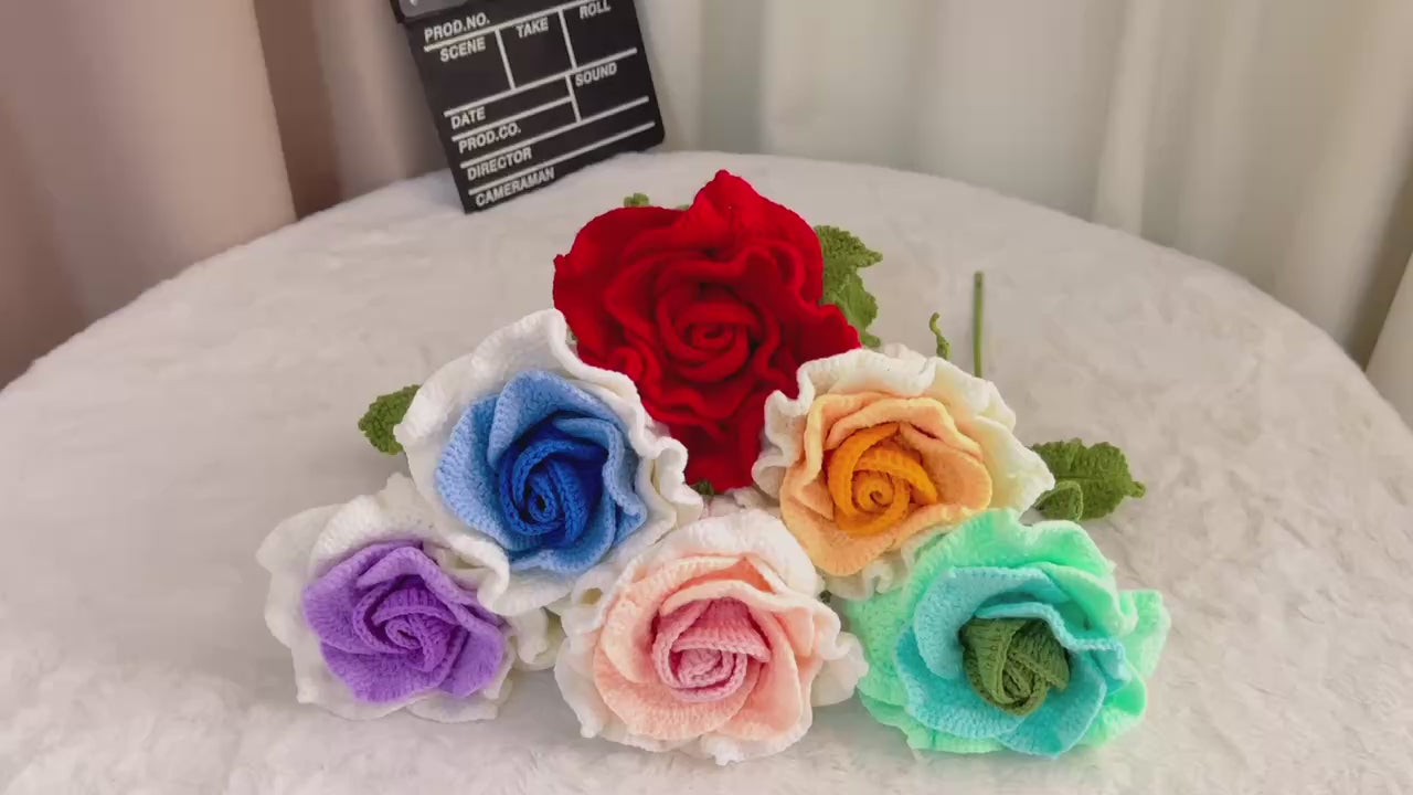 June Birth Month Rose Bouquet - Handcrafted Hooked Single Stem Birthday Flower with Baby's Breath, National Flower Celebration