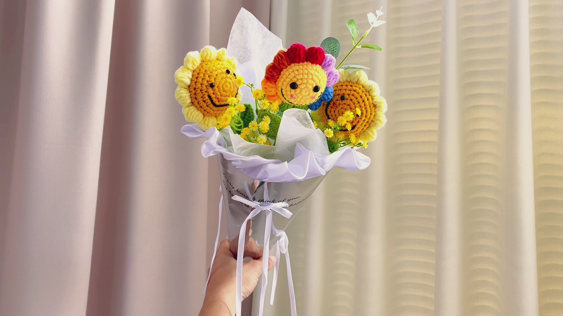 Crochet Smiling Sunflower Bouquet Set - Colorful Smiling Face Sunflowers, Faux Baby's Breath and Golden Leaves - Mirrored Ice Cream Cone Gift Wrap
