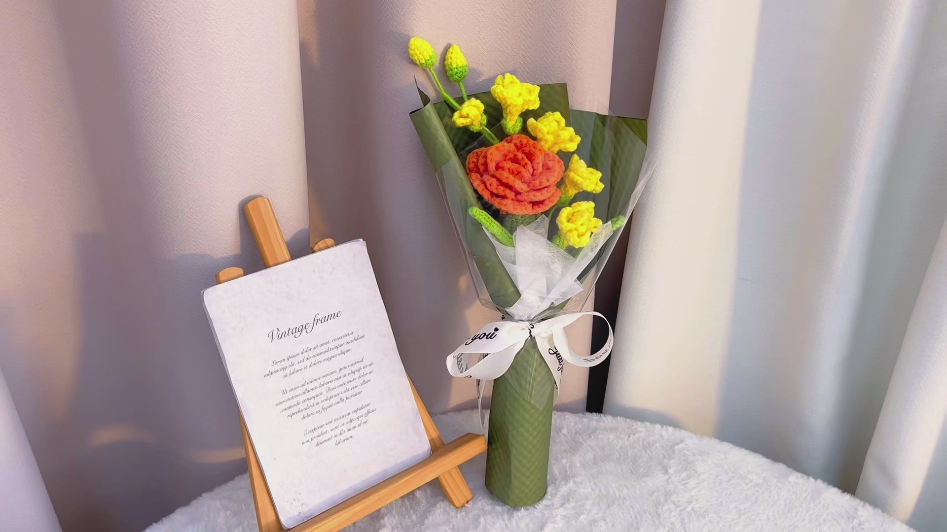 Golden Sunshine Crochet Cornflower & Rose Bouquet - Handmade Freesia & Rose Arrangement, Hypoallergenic First Meeting Gift - Perfect for Summer Weddings, Housewarming & Friendship