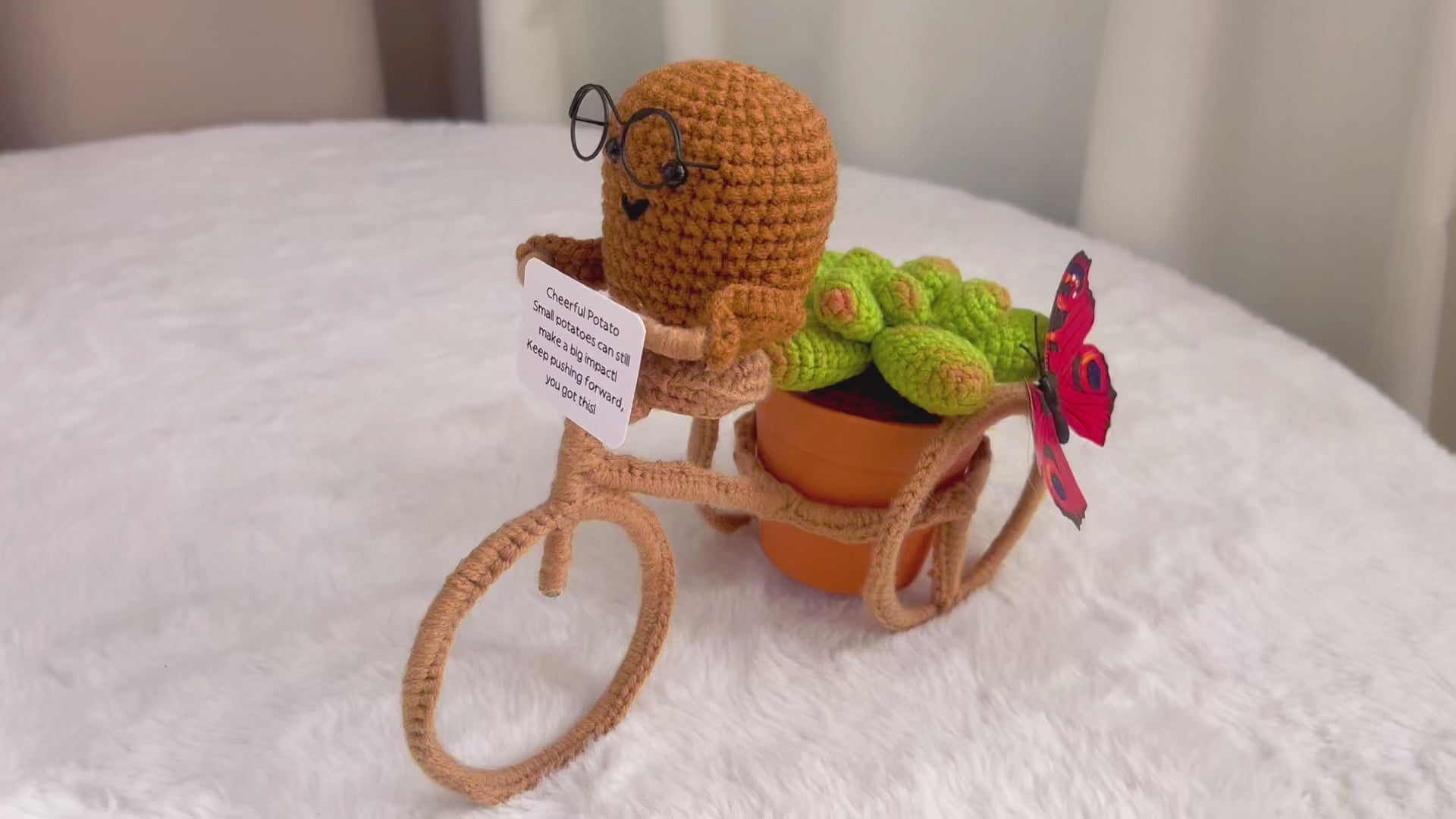 Hand-Crocheted Cheerful Potato Succulent Cactus Bicycle Décor - Unique Home Decoration Centerpiece Birthday Gift Desk Workspace