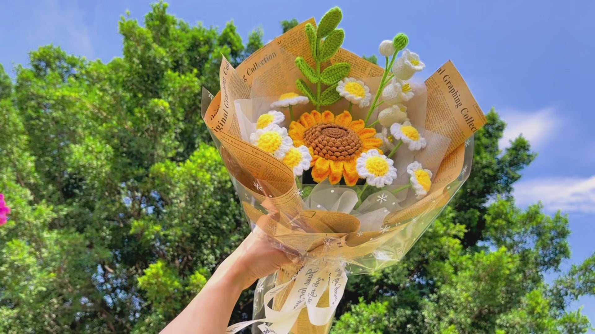Handcrafted Burst of Summer's Delight Crocheted Bouquet - Sunflowers, Lilies, Greenery, and Daisies