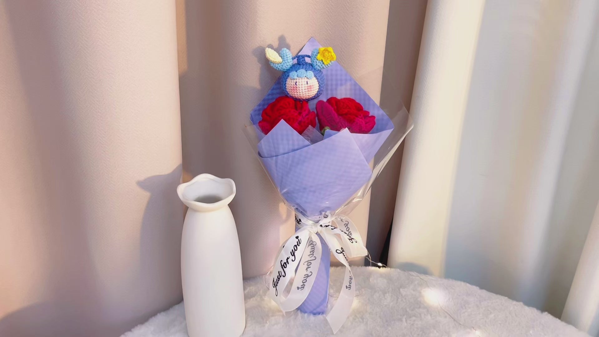 Crochet Libra Zodiac Bouquet - Handmade Red Roses with Plush Scales Doll - Hypoallergenic Floral Gift for Birthdays, Anniversaries
