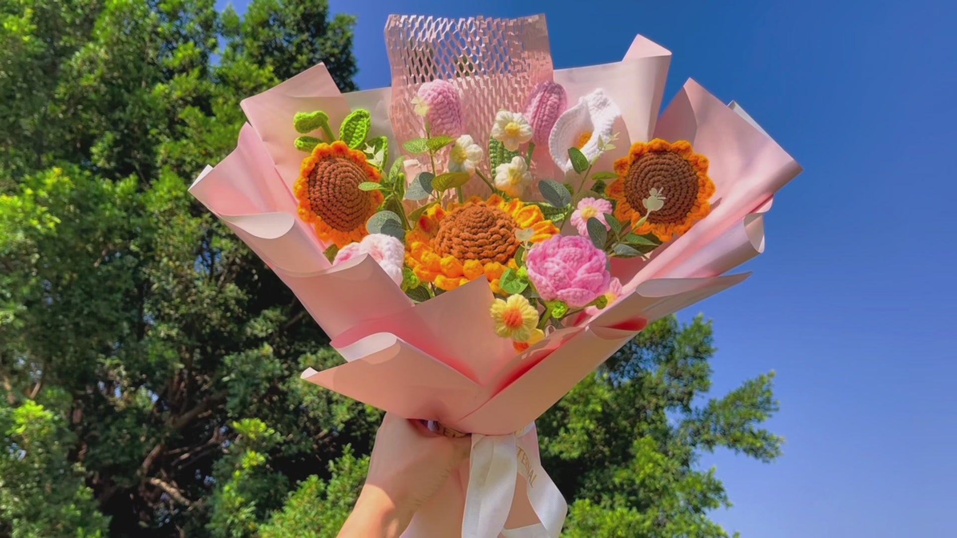 Crochet Pink & Yellow Toned Flower Bouquet - Sunflowers Roses Puffs Calla Lilies - Ideal for Spring, Mothers' Day, & Feminine Occasions