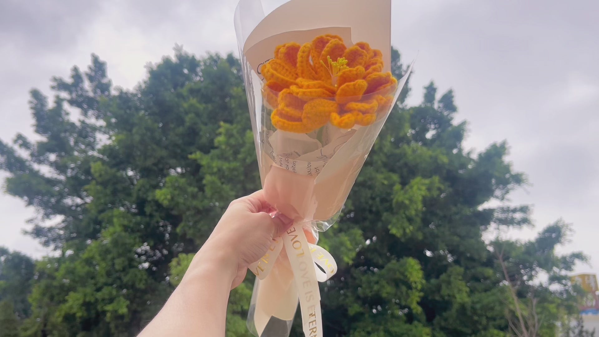 October Birth Month Marigold Bouquet - Hand-Crocheted Single Stem Birthday Flower Arrangement with Festive Wrapping