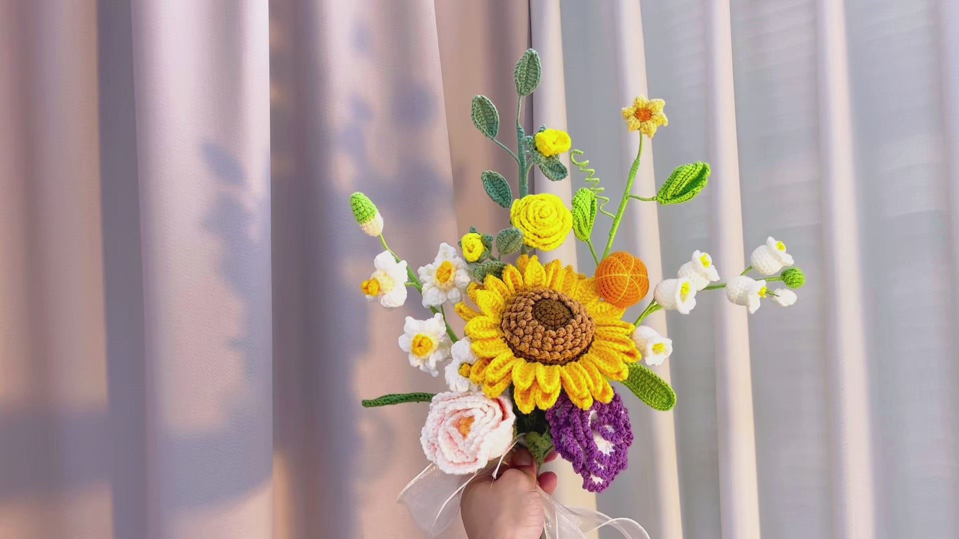 Hand-Crochet Ready-for-Vase Floral Arrangement - Hypoallergenic Artificial Sunflower, Peony, Camellia, Lily of the Valley, Rose, Fall Flowers for Home Decor, Thanksgiving, Wedding Gift
