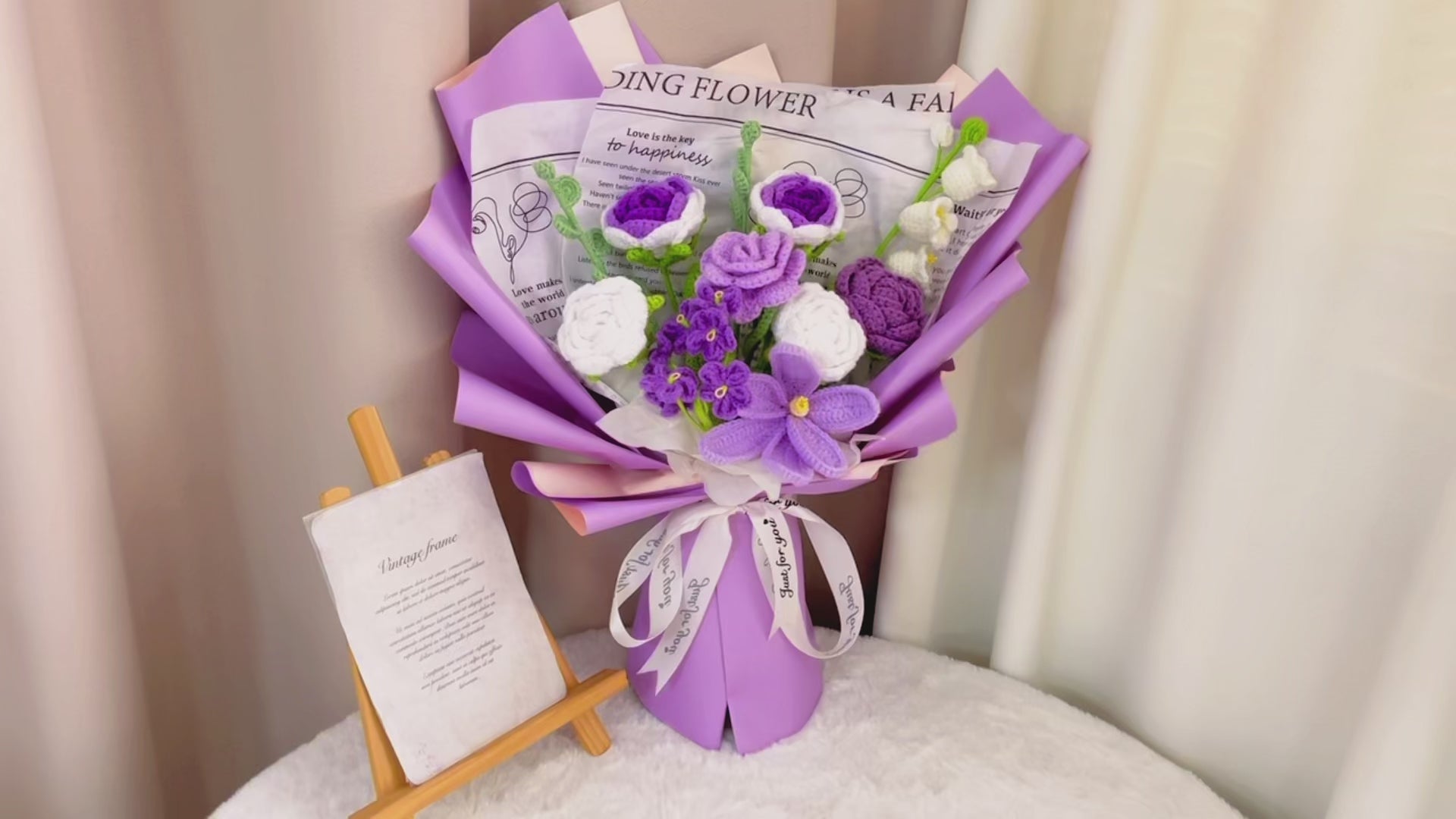 Elegant Purple Handmade Crocheted Flower Bouquet with Roses, Lilies, Eucalyptus, Tulips, and Forget-Me-Nots