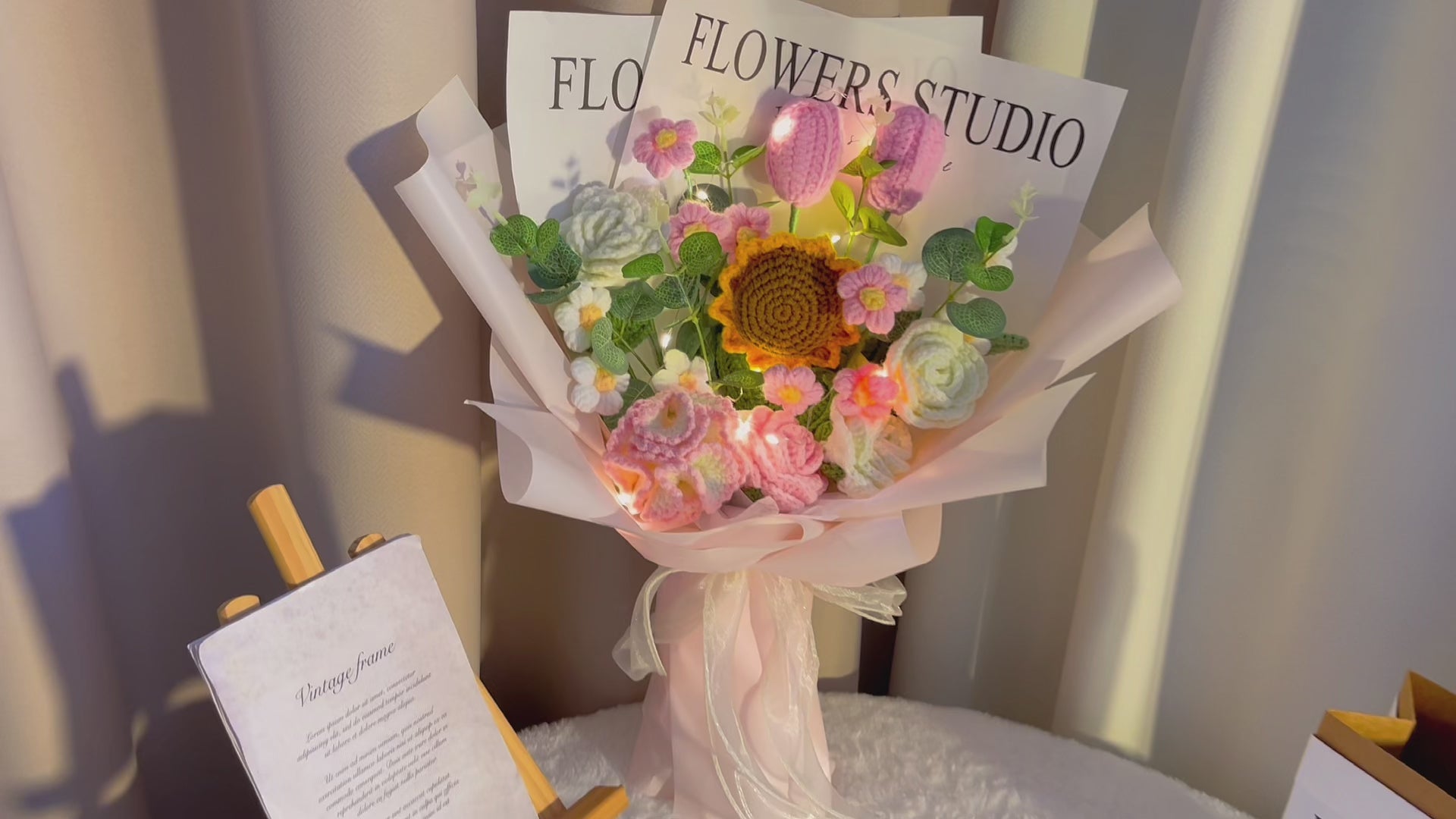 [Shipped from AU] Elegant Handmade Crocheted Pink Delight Spring Theme Easter Bouquet with Roses, Tulips, Sunflowers, Pom-Poms, and Carnations