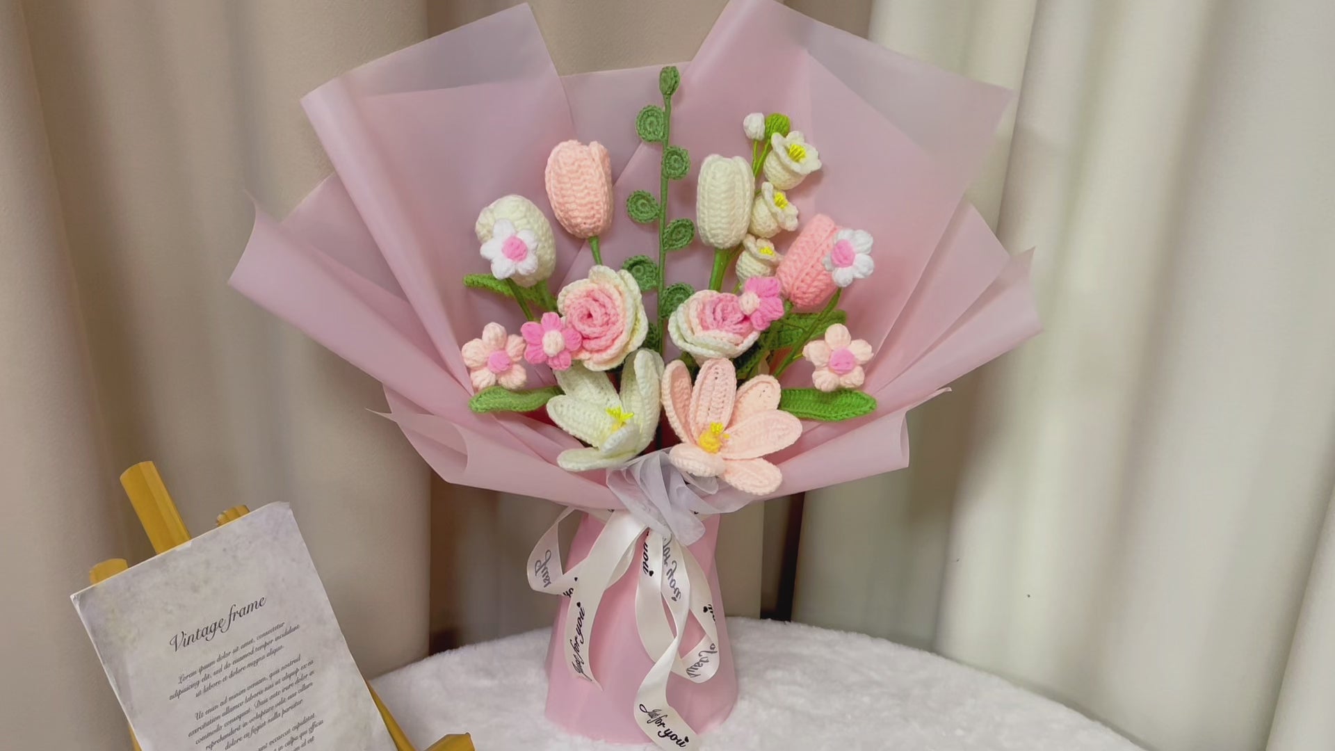 Handmade Crocheted Blushing Elegance Bouquet with Rose, Tulips, Lilies, Eucalyptus & More - Perfect for Any Special Occasion