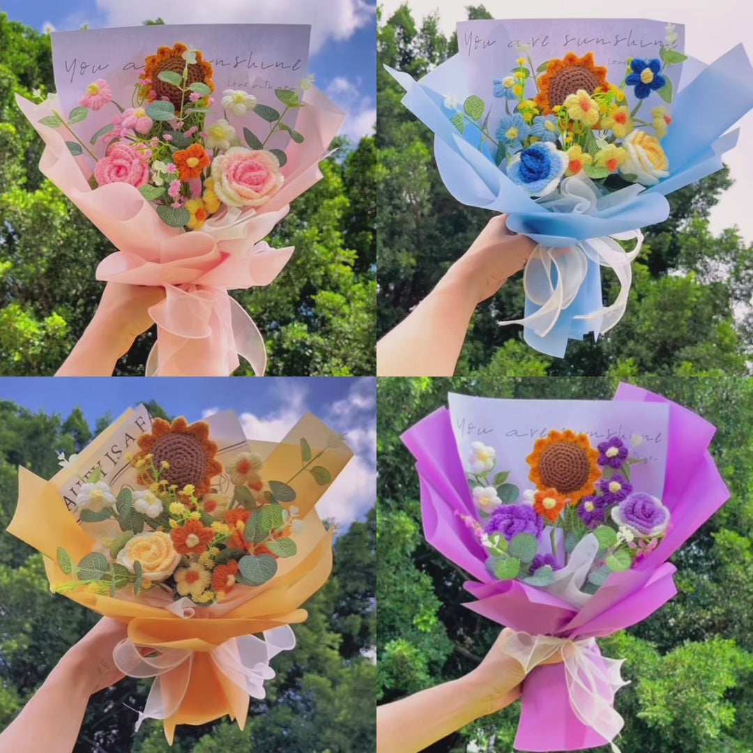 Handmade Sunflower Crochet Bouquet Arrangement with Rose Cream Puff Baby's Breath –Allergy-Friendly Gift for Birthday Anniversary Get Well