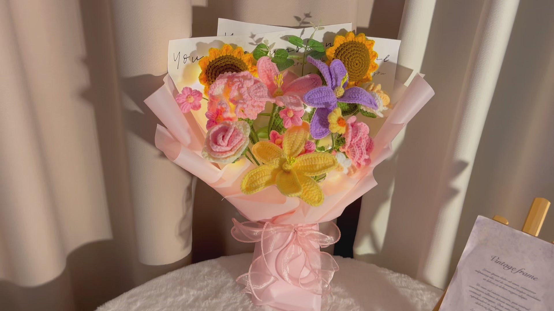 [Shipped from US]Handmade Crocheted Spring Radiance Bouquet - Vibrant Assortment of Roses, Sunflowers, Puffs, Carnations, and Tulips