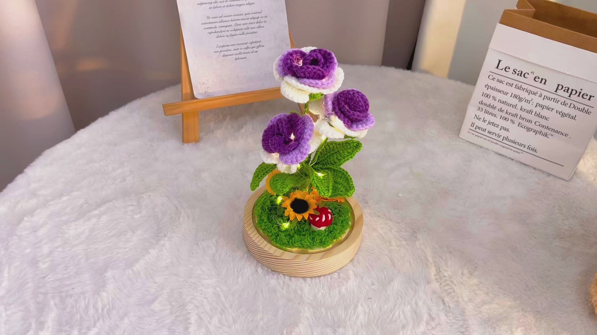 Handmade Crochet Rose Lamp - 3-Piece Customizable Pointed Roses with Wooden Base, Battery-Powered, Optional Glass Dome, Sunflower & Mushroom Accents for Desk/Bedroom Decor