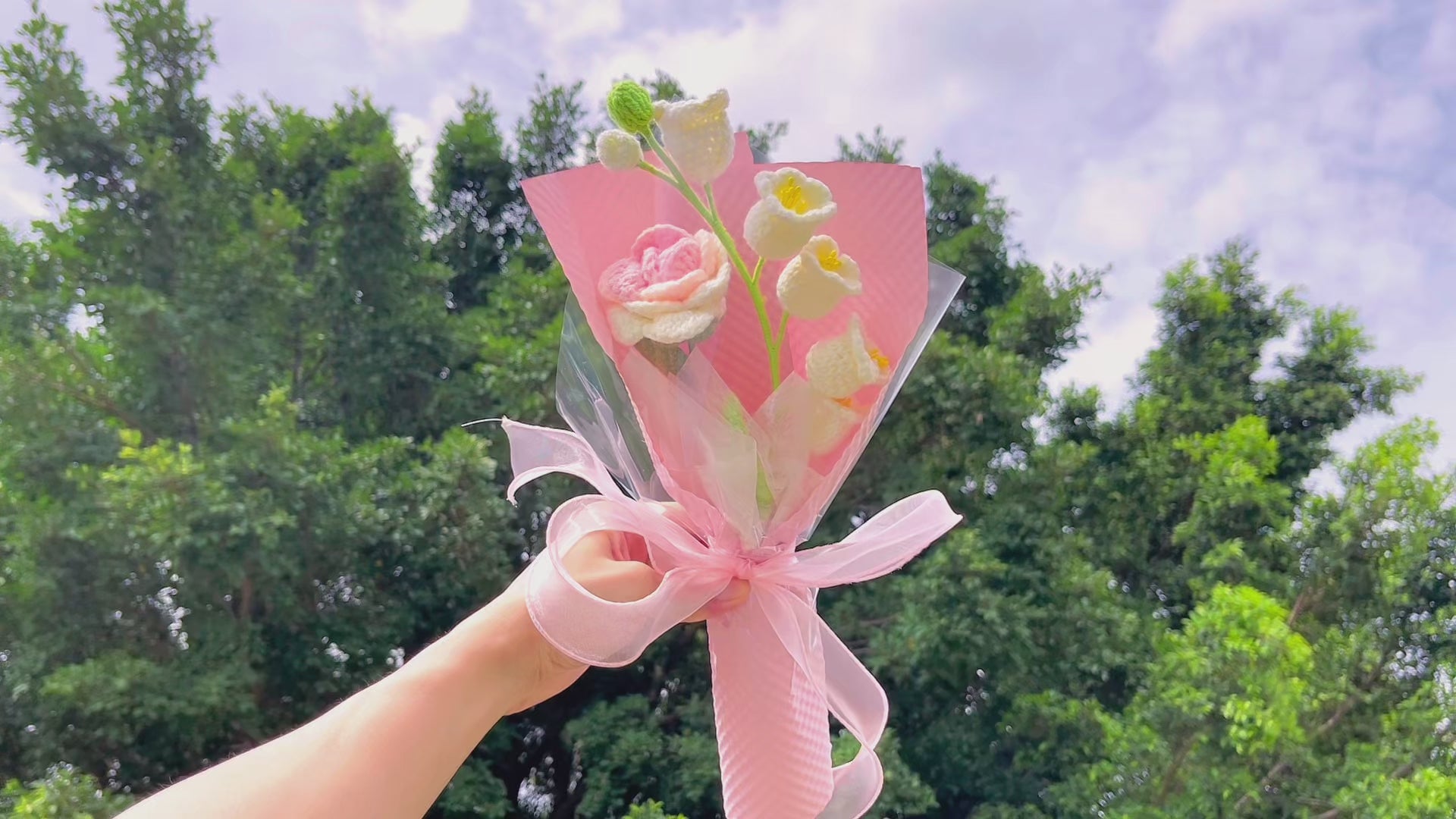 Eternal Blossoms Crochet Flower Bouquet - Handmade Lily of the Valley &  Rose, Hypoallergenic First Meeting Gift in Pink Plaid Wrapping- Perfect for Weddings, Anniversaries & Romantic Occasions