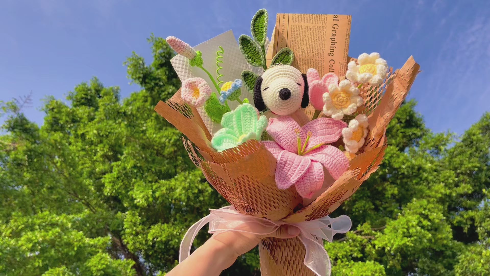 Handmade Crochet Doodle Dog Themed Flower Bouquet - Allergy-Friendly Gift, Morning Glory, Peanuts, Daisy, Yew, Lily, Gesang Flower, Tulip, and Daisy