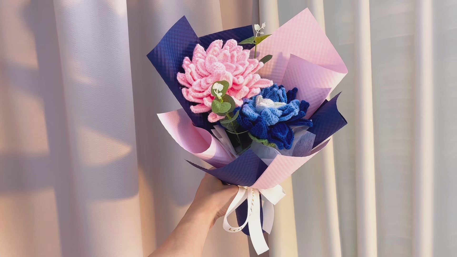 Hand Crochet Dahlia Bouquet - Hypoallergenic Artificial Pink & Blue Gradient Flowers, Gift Wrap - Allergy Free Home Decor for Wedding, Birthday, Anniversary, Mother’s Day