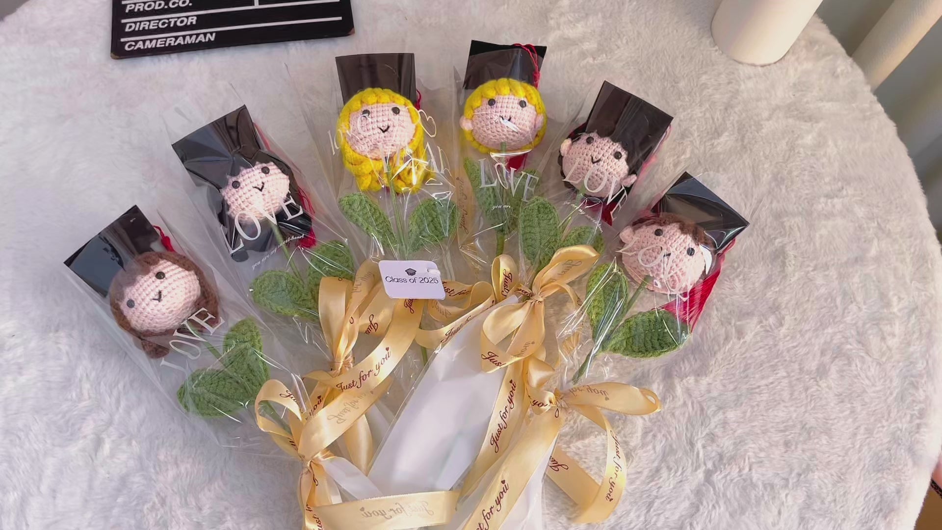 Customizable Crochet Graduation Doll Flower Mini Bouquet - Pride Graduate Customizable Text with 3 Hair Colors, Customizable "Class of 2025" Card, Clear Wrap & Ribbon - Hypoallergenic Gift for Graduation, Teacher Appreciation & School Events