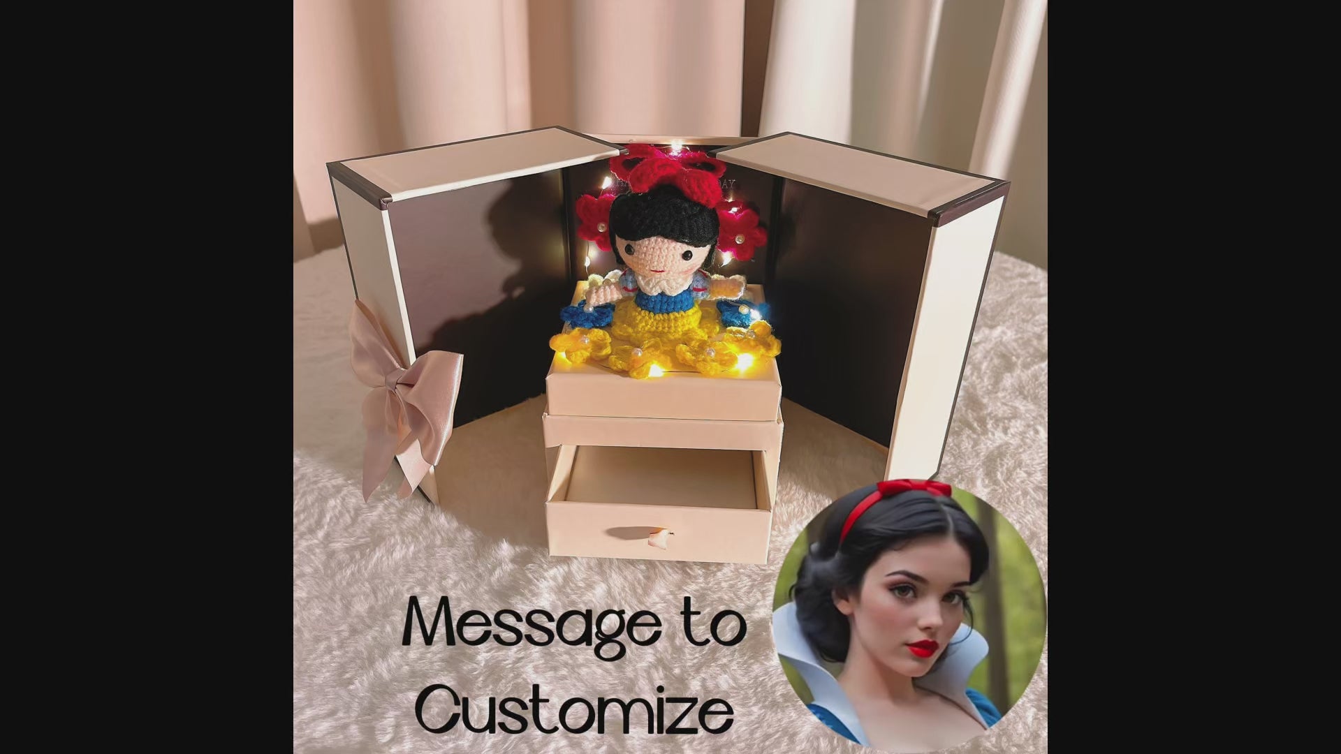 Handmade Creative Customizable LED Gift Box with Crochet Princess - Forget-Me-Not Personalized Doll Birthday, Wedding, Anniversary, Valentine’s Gift