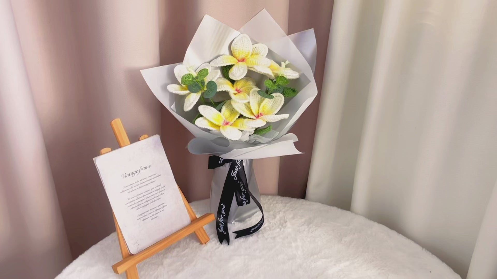 Handcrafted Crochet 12 Frangipani Bouquet with White and Silver Packaging - Yellow Petals with Orange Cores