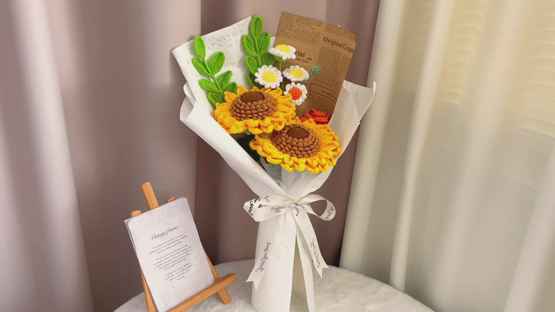 Handmade Crochet Sunflower and Daisy Bouquet in Kraft Paper Wrap with Brown Newspaper for Graduation Summer Vacation Appreciation