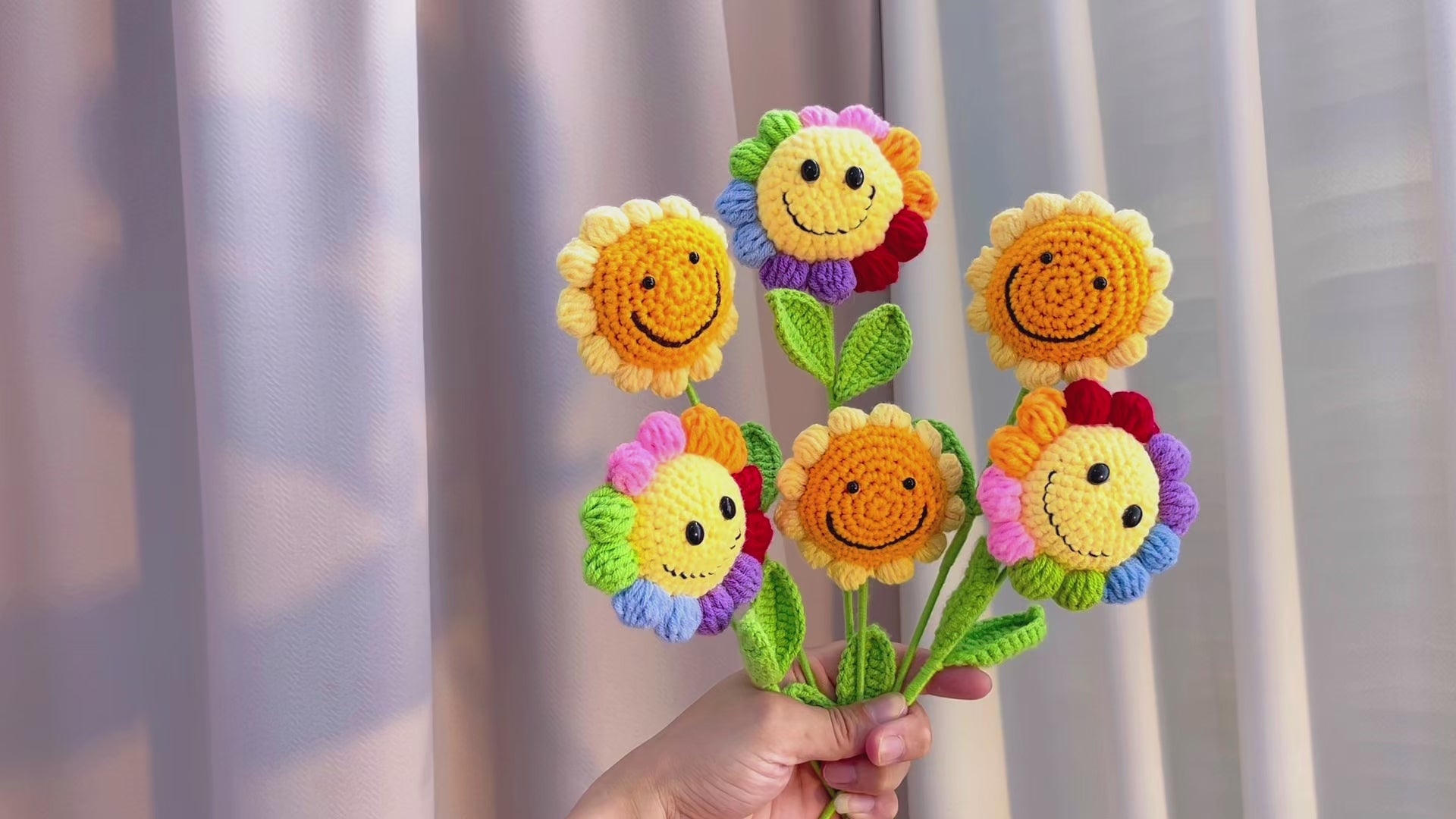 Hand Crochet Smiley Sunflower Stake - Hypoallergenic Artificial Flower Gift for Birthday, Wedding, Home Decor | DIY Handmade Yarn Flower | Allergy-Free Sustainable Home Joy