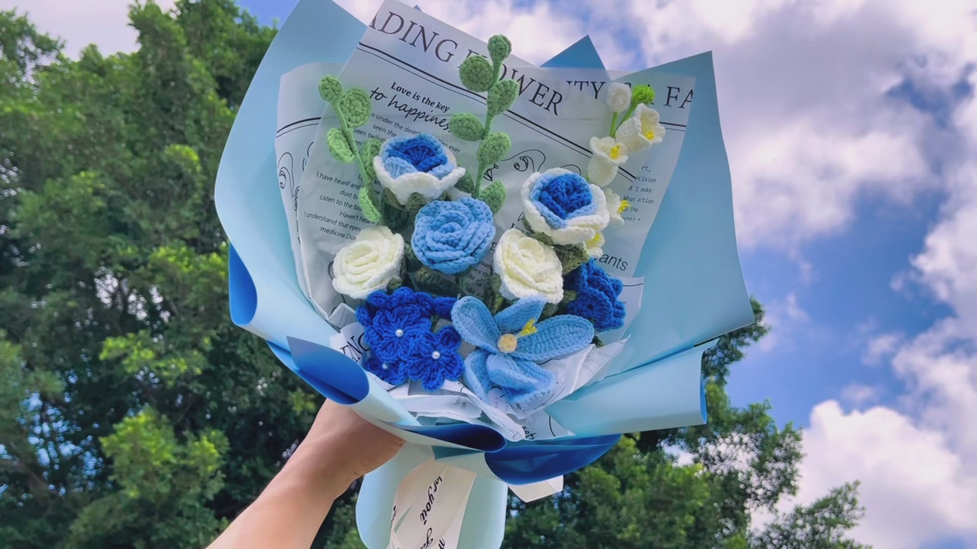 Handmade Crocheted Blue Flower Bouquet with Roses, Lilies, Eucalyptus, Tulips, and Forget-Me-Nots