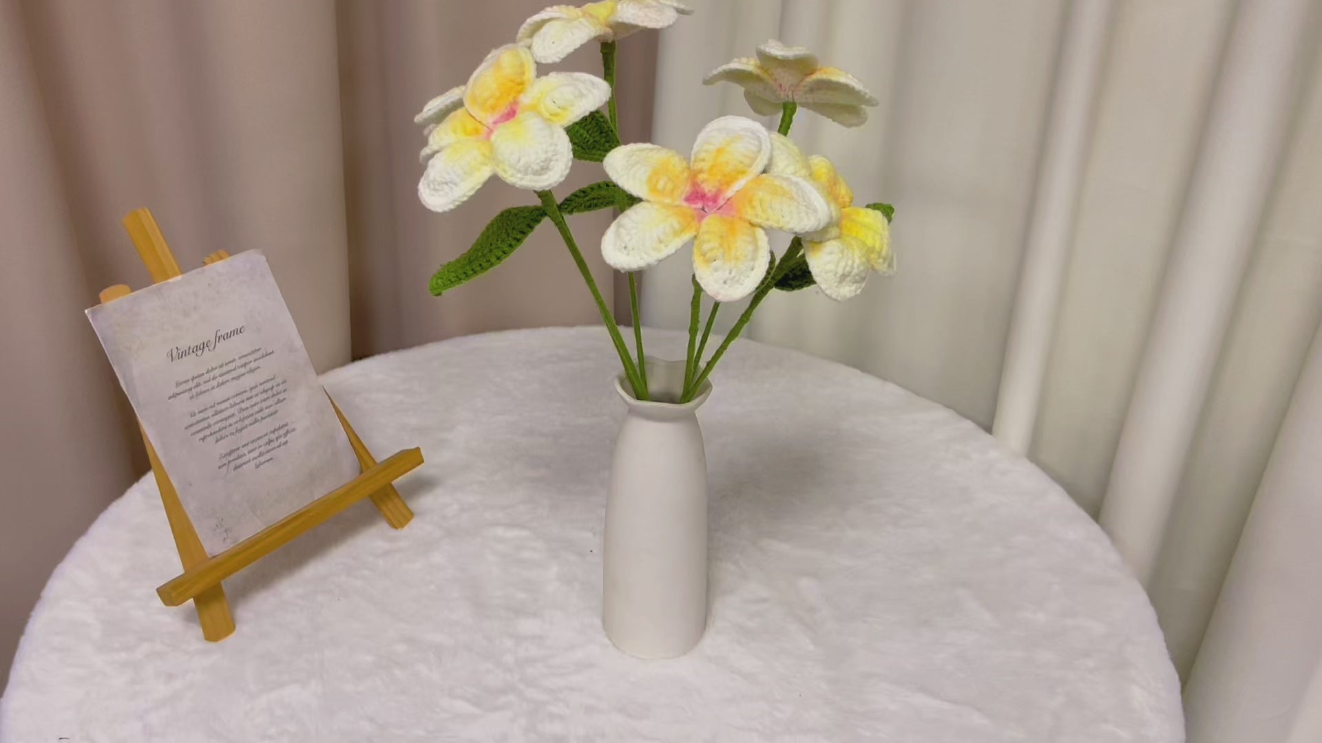 Handcrafted Crochet 12 Frangipani Bouquet with White and Silver Packaging - Yellow Petals with Orange Cores