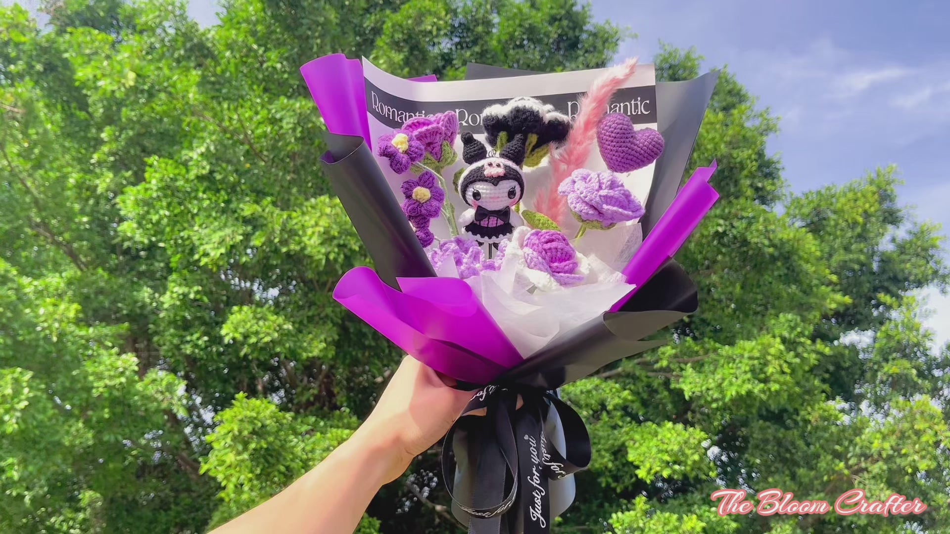 Handmade Crochet Purple Cat Theme Bouquet - Allergy-Friendly Floral Kuromi Gift for Birthdays, Anniversaries, and Special Occasions - Purple, Pink, and Black Decorative Arrangement