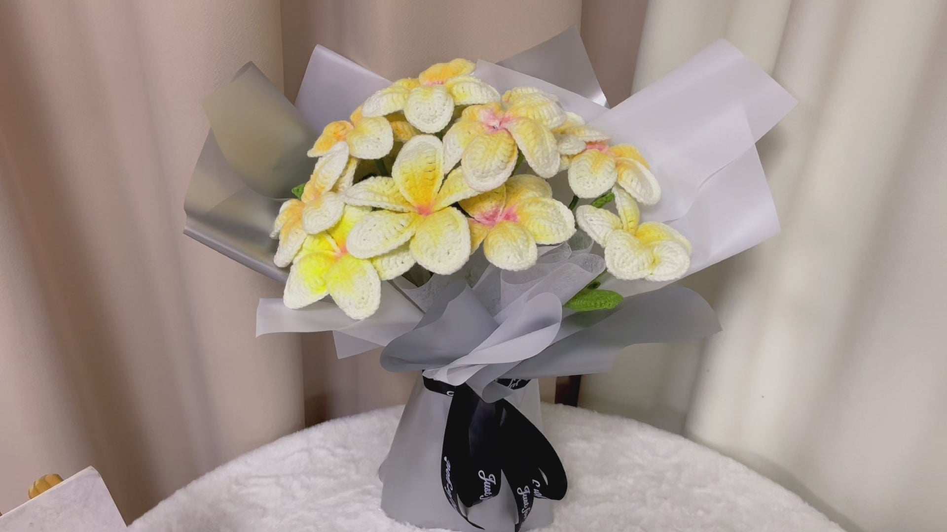 Handcrafted Crochet 12 Frangipani Bouquet with White and Silver Packaging - Yellow Petals with Orange Cores