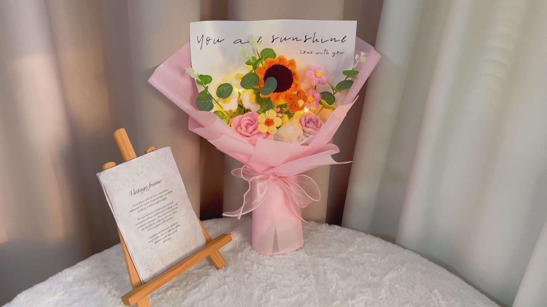 Handcrafted Crochet Radiant Bloom Bouquet - Pink Bouquet of Roses, Sunflowers, and Puffs - Delicate, Romantic, and Perfect for Any Special Occasion