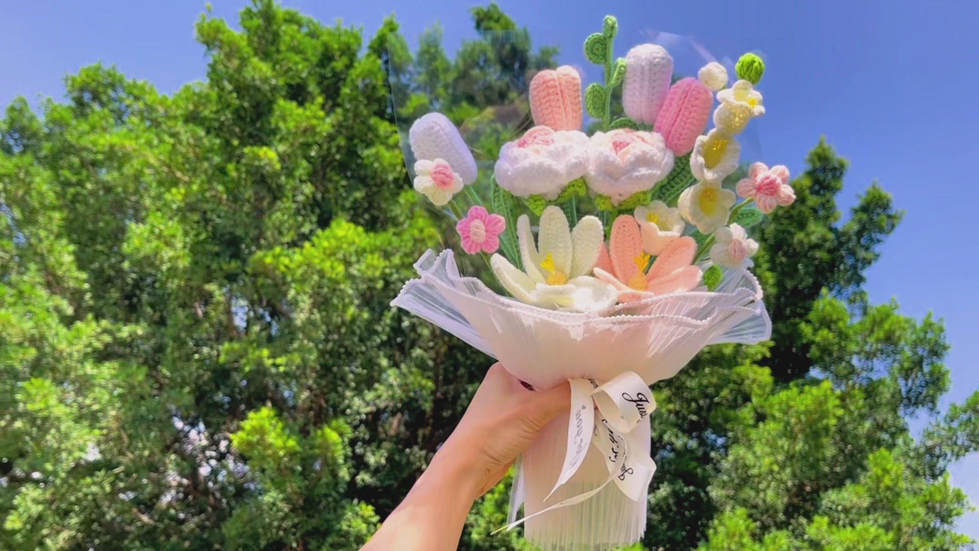 Handmade Crocheted Blushing Elegance Bouquet with Rose, Tulips, Lilies, Eucalyptus & More - Perfect for Any Special Occasion